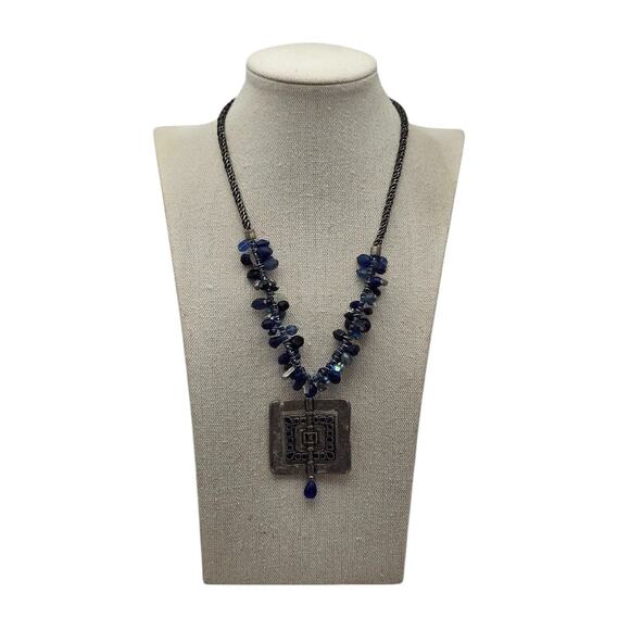 Chico’s Blue Beaded Statement Necklace Silver Tone Square Pendant - Picture 1 of 8